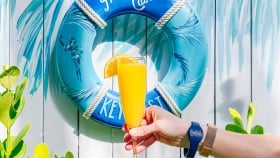A hand holding a glass of mimosa against a background with an inflatable pool ring