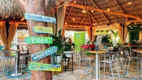 A tree with signages of Havana Cuba, Mojitos, Pool, Wall Street and Duval Street next to the Tiki Hut