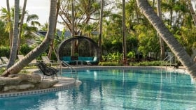 A long shot of the outdoor pool lined with lounge chairs and a woven gazebo amidst the greenery